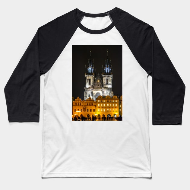 Tyn Church at night illumination Baseball T-Shirt by lena-maximova